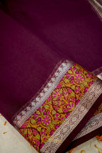 Wine Banarasi Cotton Silk Saree with Plain Body & Tilfi Floral Border