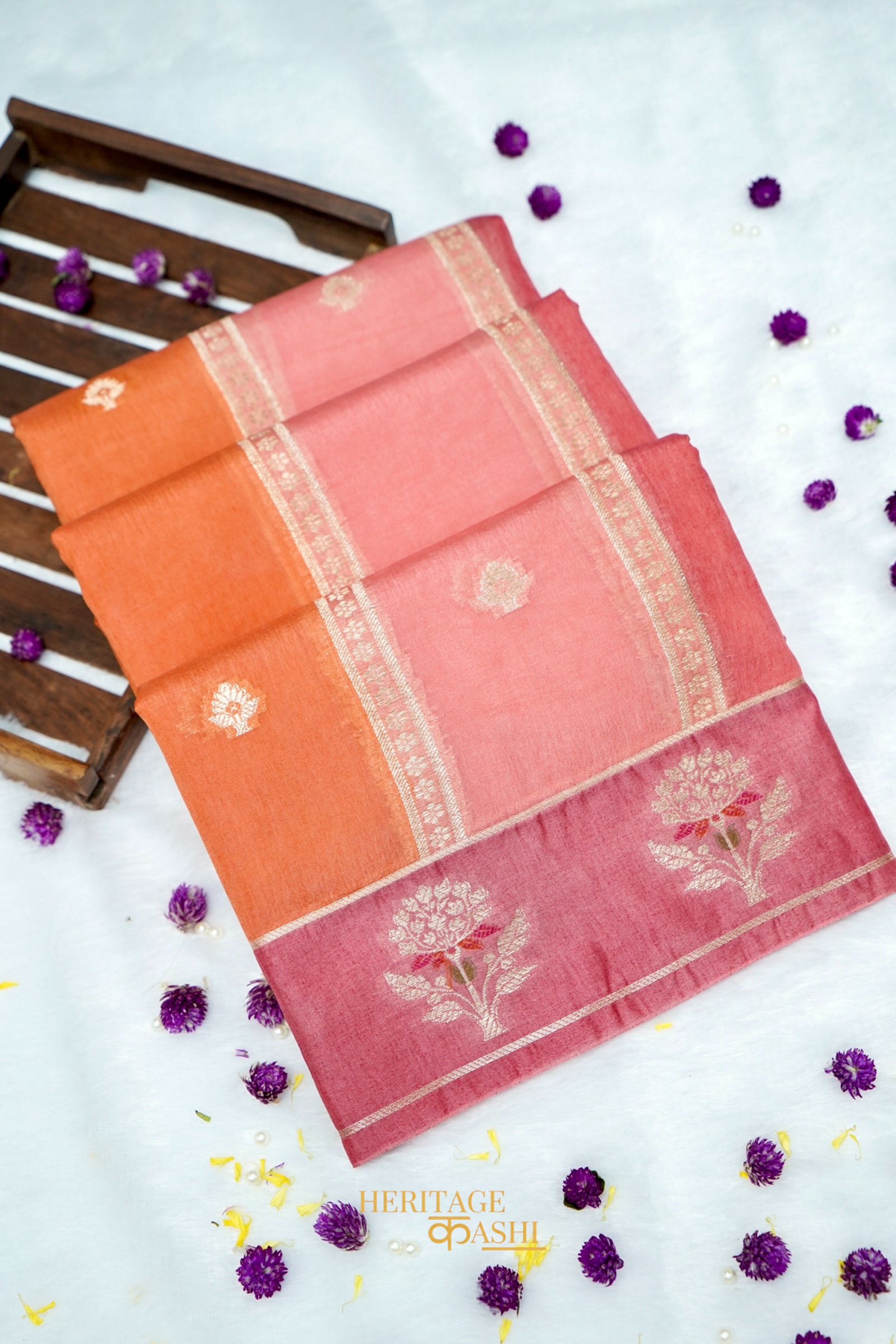Peach-Orange Viscose Rangkat Silk Saree