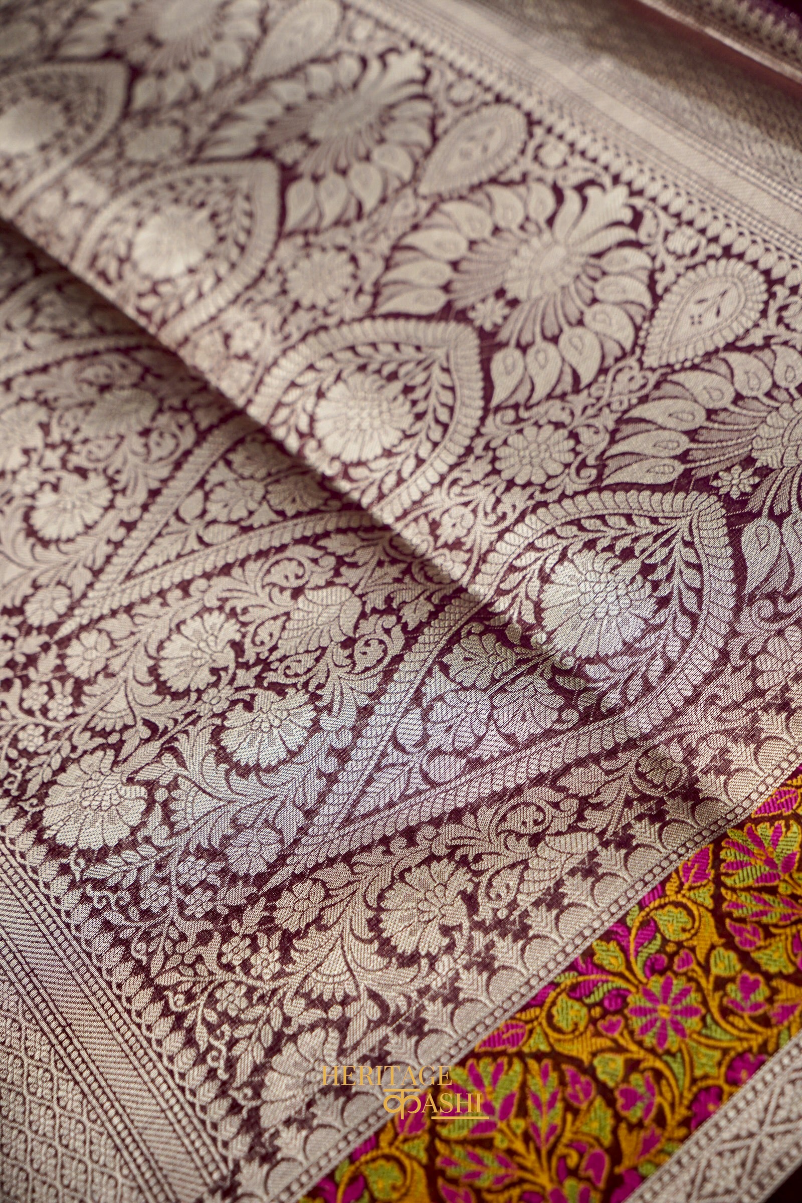 Wine Banarasi Cotton Silk Saree with Plain Body & Tilfi Floral Border