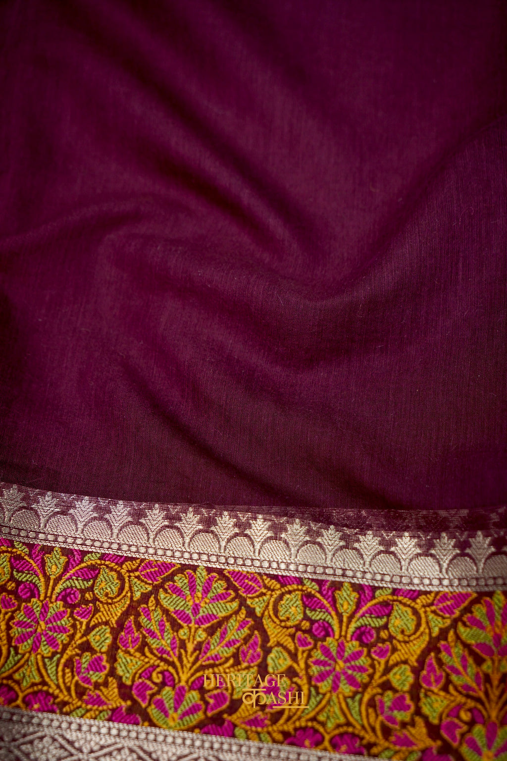 Wine Banarasi Cotton Silk Saree with Plain Body & Tilfi Floral Border