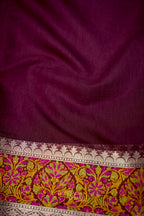 Wine Banarasi Cotton Silk Saree with Plain Body & Tilfi Floral Border