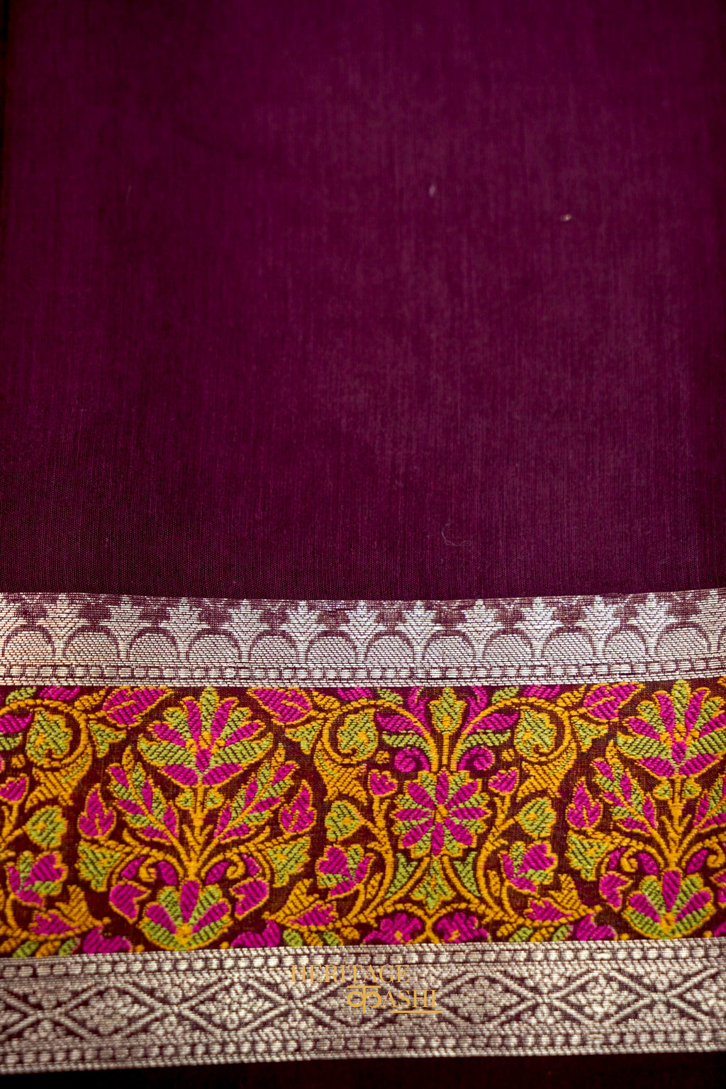 Wine Banarasi Cotton Silk Saree with Plain Body & Tilfi Floral Border