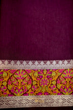 Wine Banarasi Cotton Silk Saree with Plain Body & Tilfi Floral Border