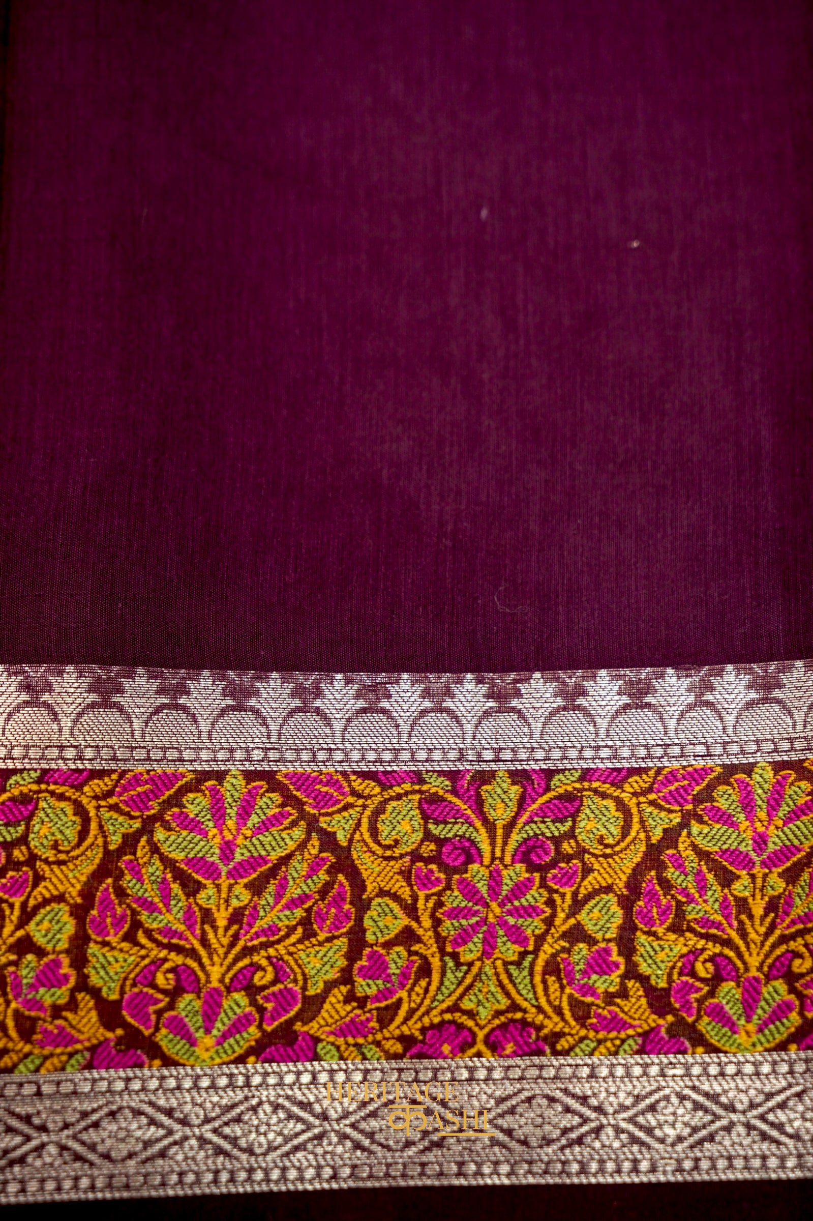 Wine Banarasi Cotton Silk Saree with Plain Body & Tilfi Floral Border