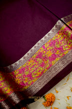 Wine Banarasi Cotton Silk Saree with Plain Body & Tilfi Floral Border
