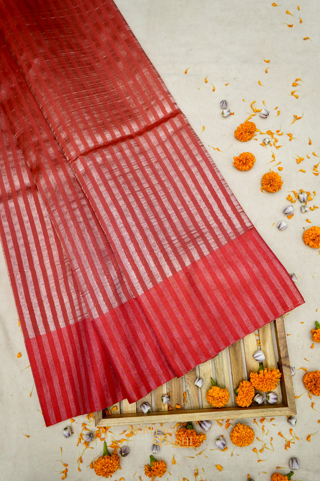 Red Banarasi Silk Stripe Saree with Premium Satin Border