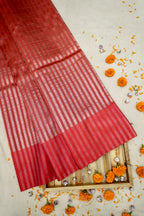 Red Banarasi Silk Stripe Saree with Premium Satin Border