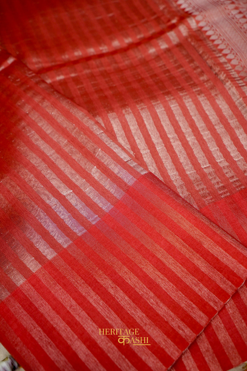 Red Banarasi Silk Stripe Saree with Premium Satin Border