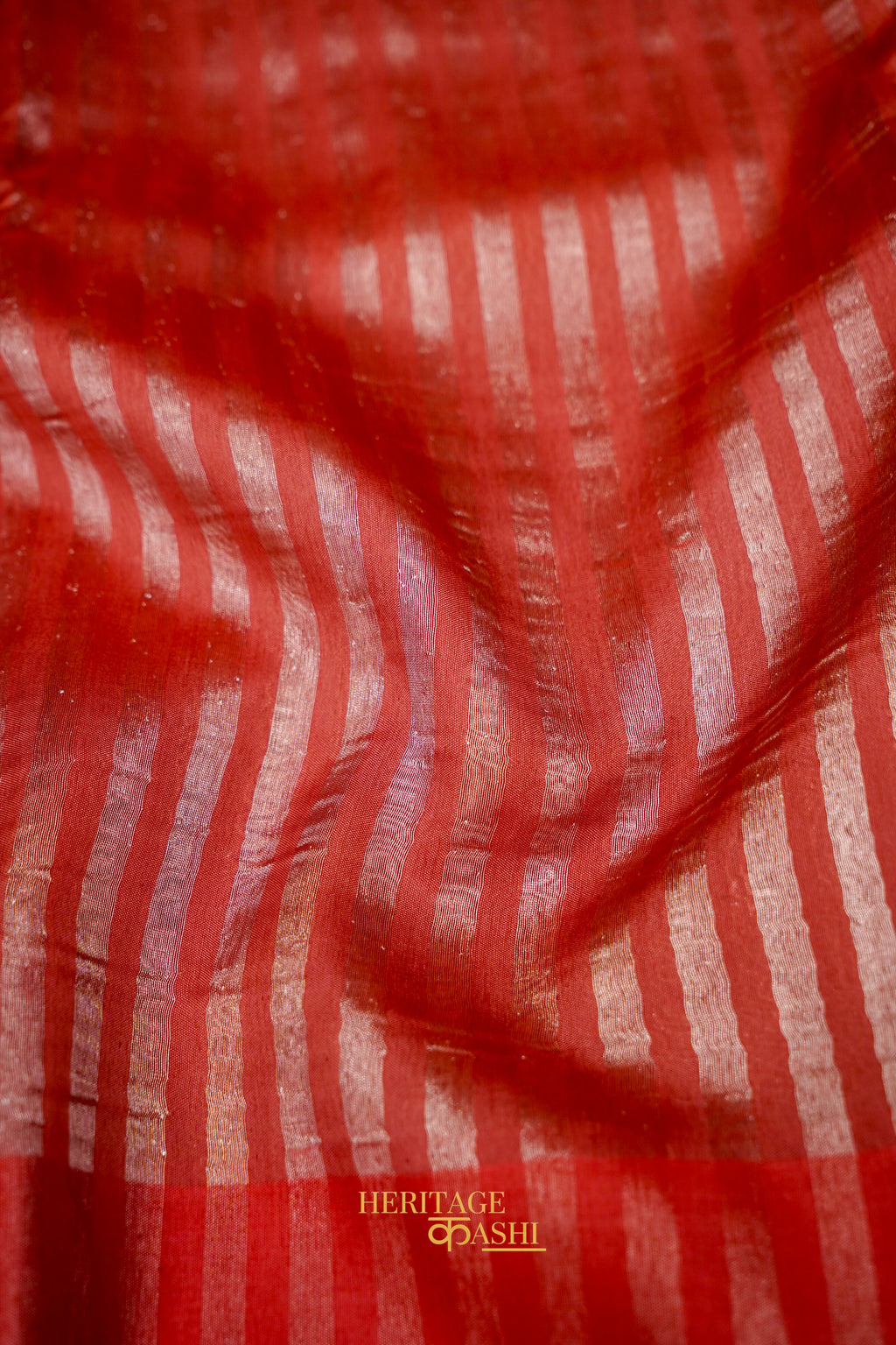 Red Banarasi Silk Stripe Saree with Premium Satin Border