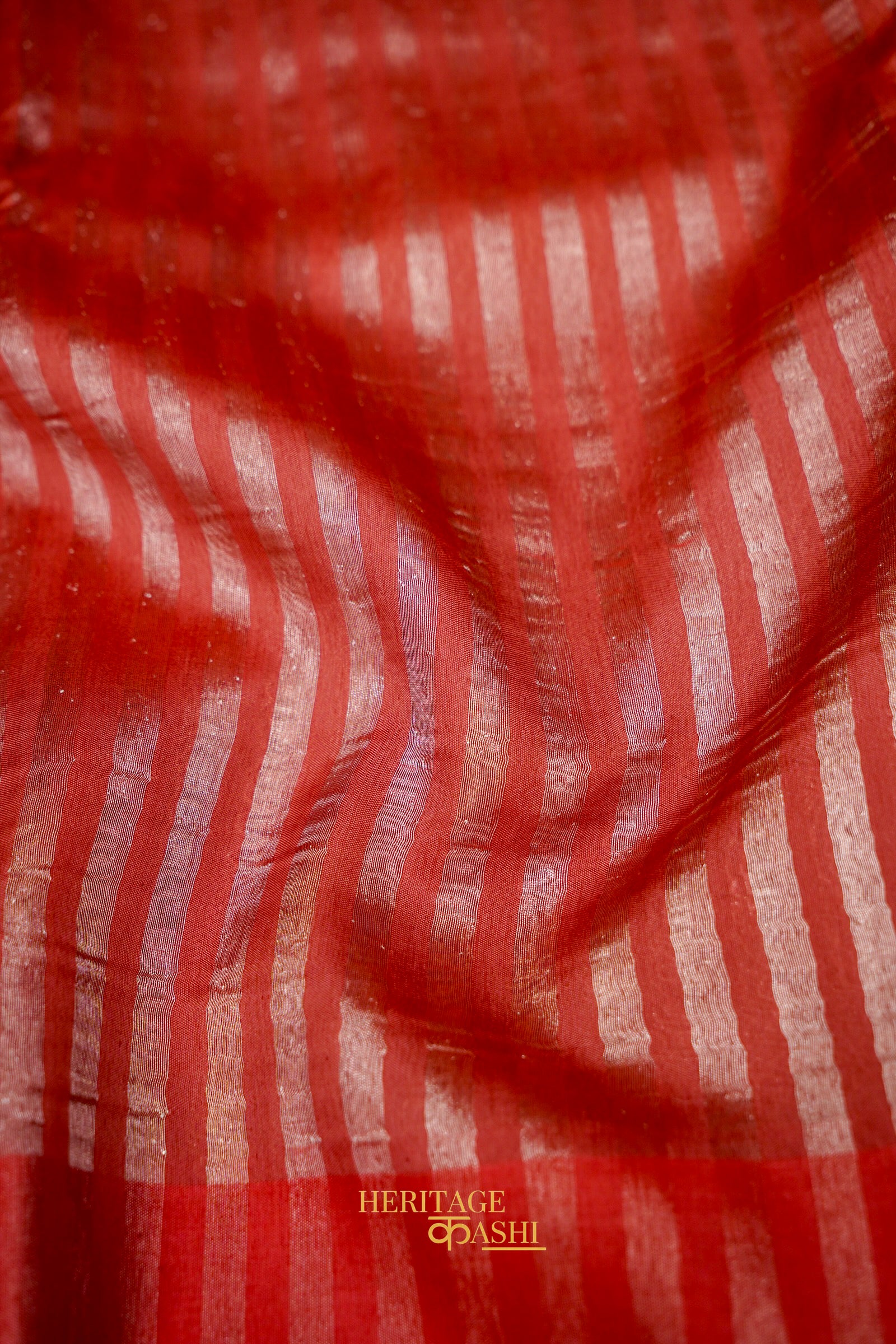 Red Banarasi Silk Stripe Saree with Premium Satin Border