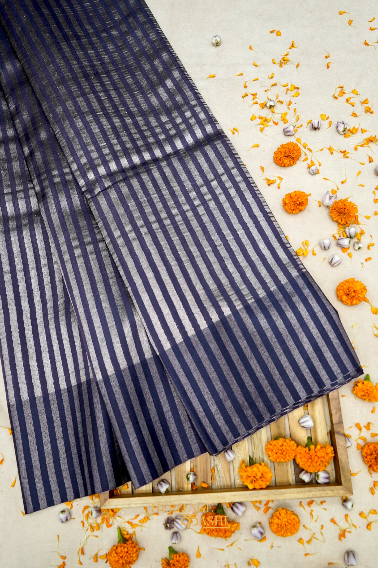 Navy Blue Banarasi Silk Stripe Saree with Premium Satin Border