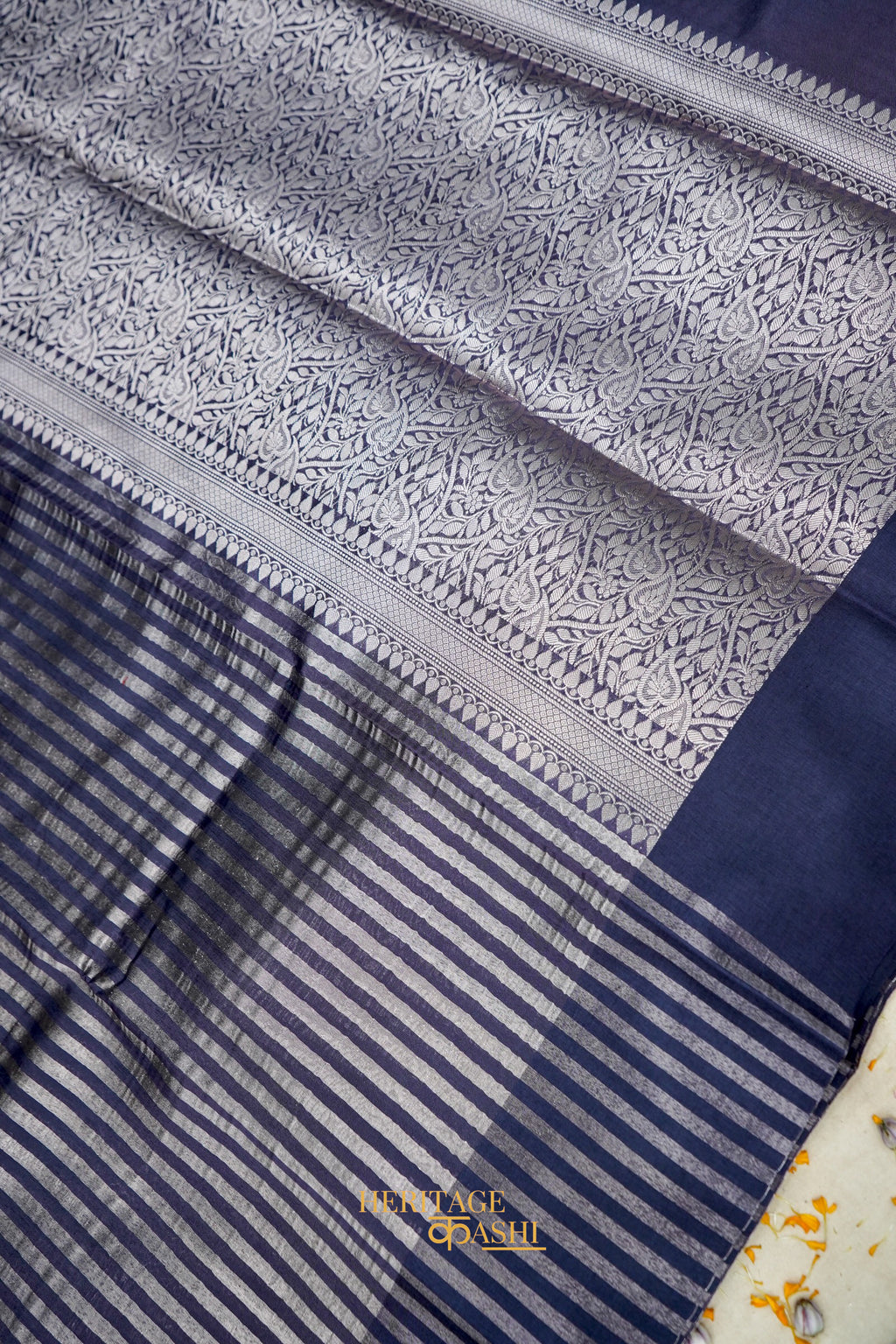 Navy Blue Banarasi Silk Stripe Saree with Premium Satin Border