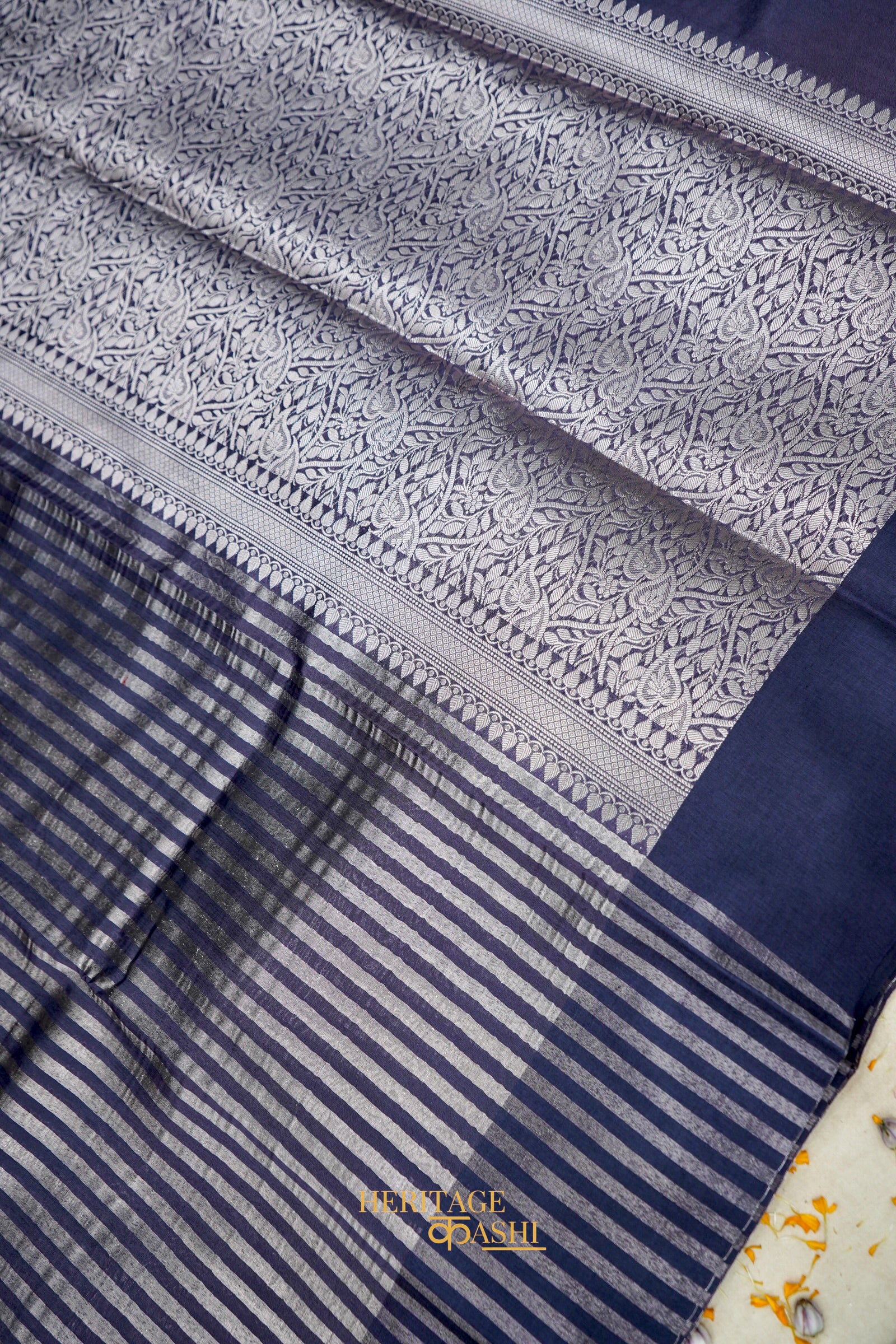 Navy Blue Banarasi Silk Stripe Saree with Premium Satin Border
