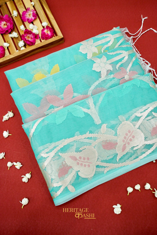 Aqua Green Kora Silk Dhakai Floral Weaving Banarasi Saree