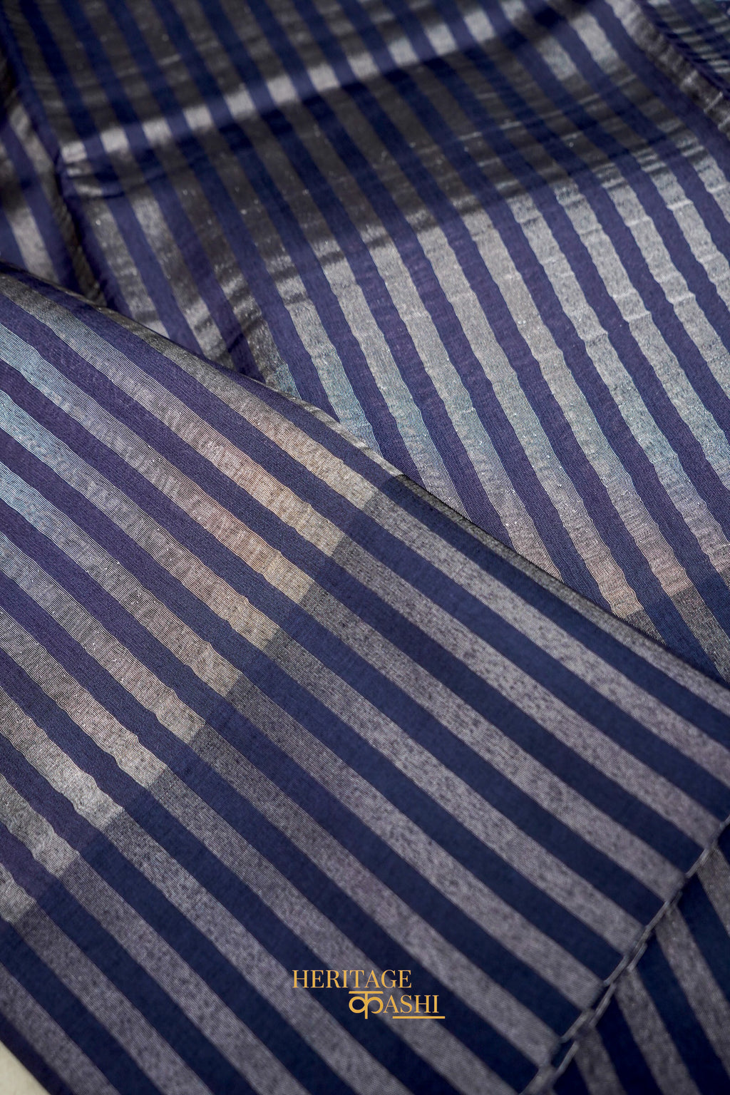 Navy Blue Banarasi Silk Stripe Saree with Premium Satin Border