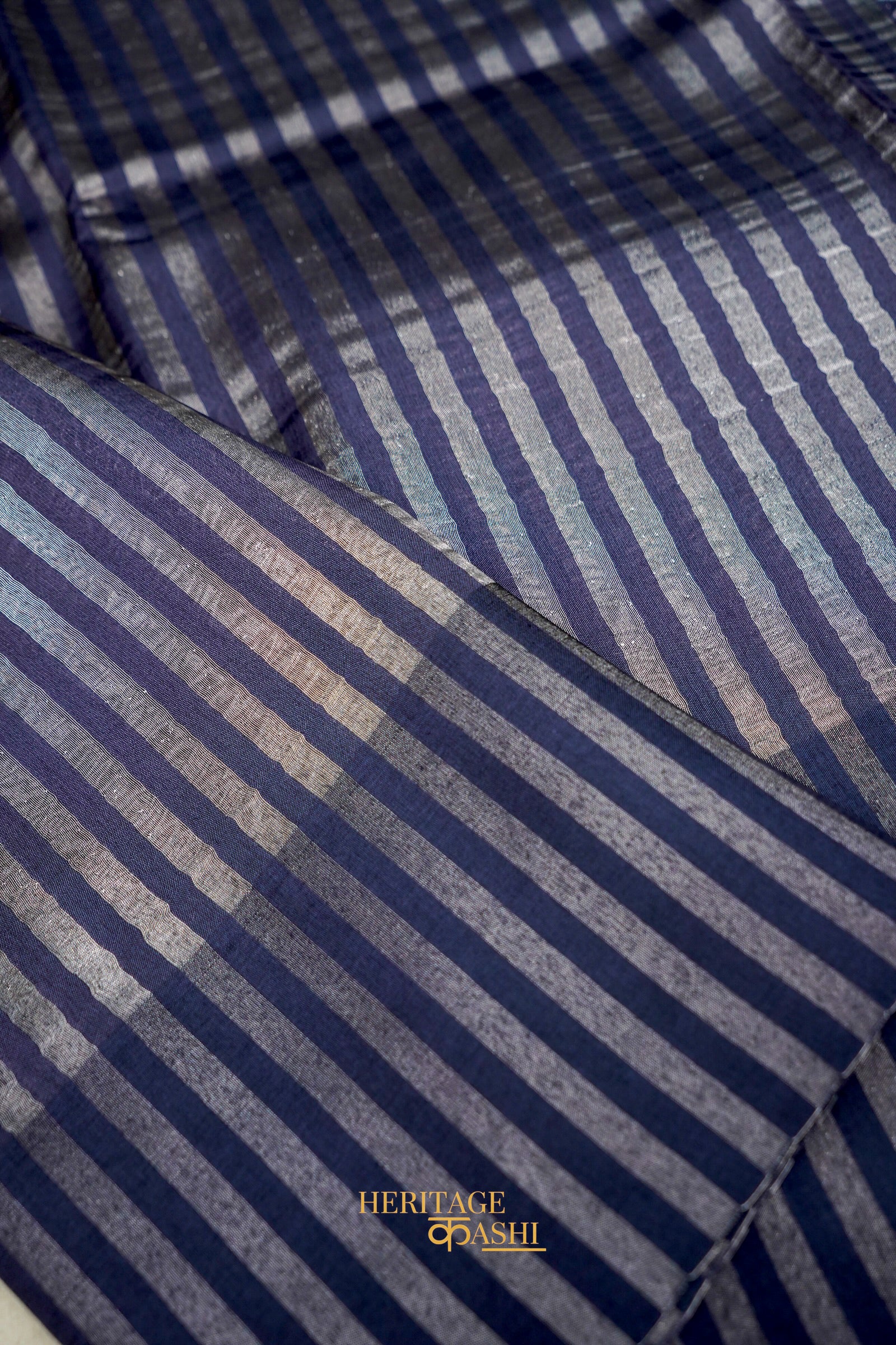 Navy Blue Banarasi Silk Stripe Saree with Premium Satin Border