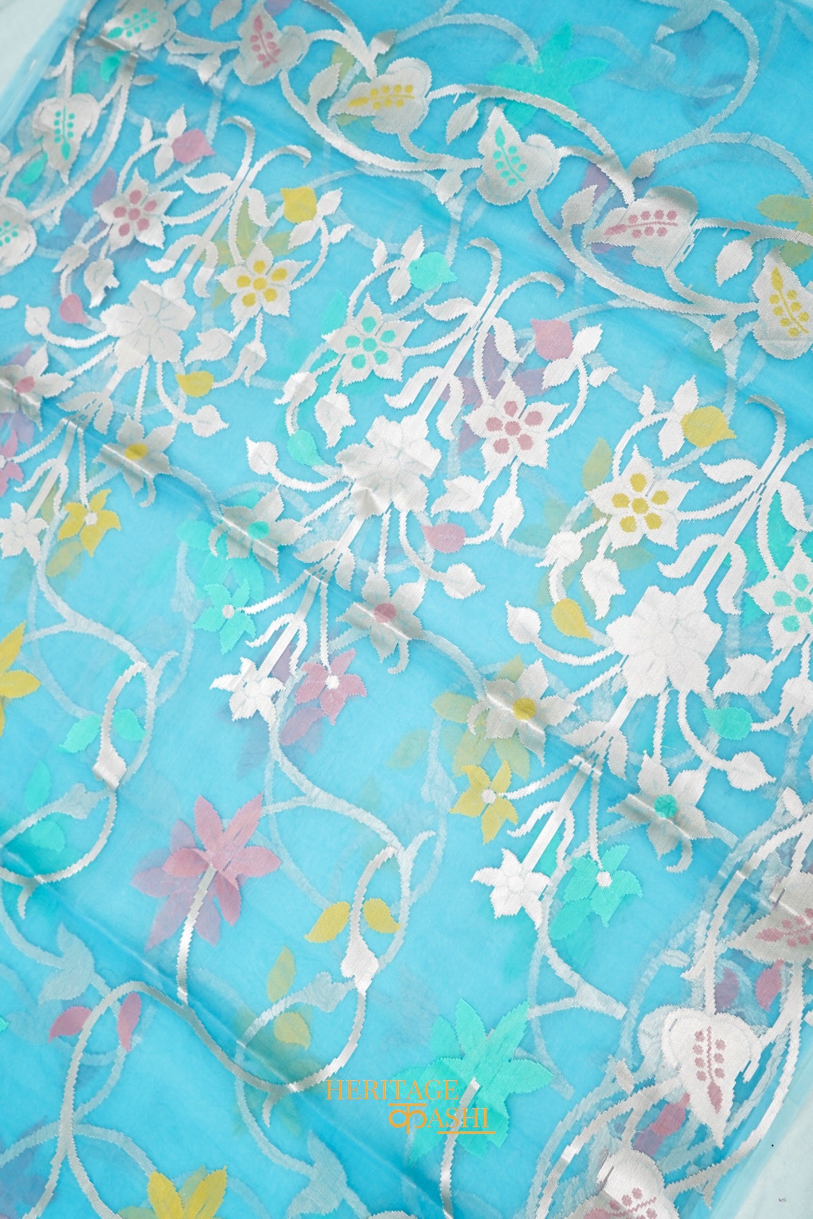 Sky Blue Kora Silk Dhakai Floral Weaving Banarasi Saree