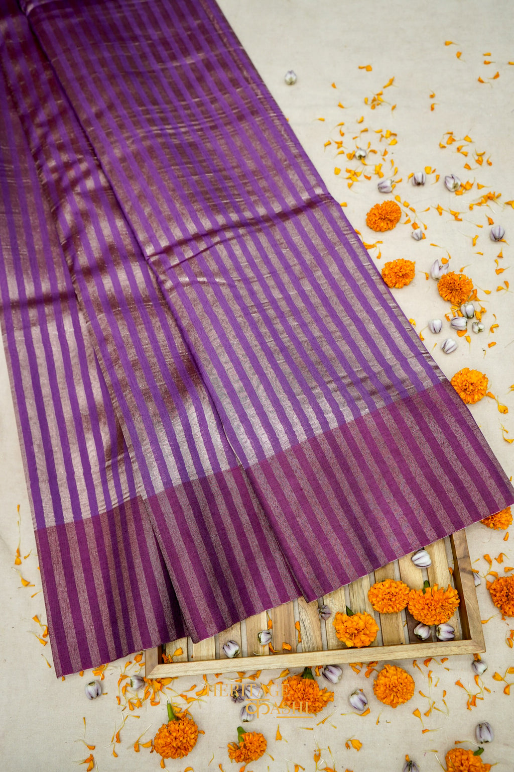 Purple Banarasi Silk Stripe Saree with Premium Satin Border
