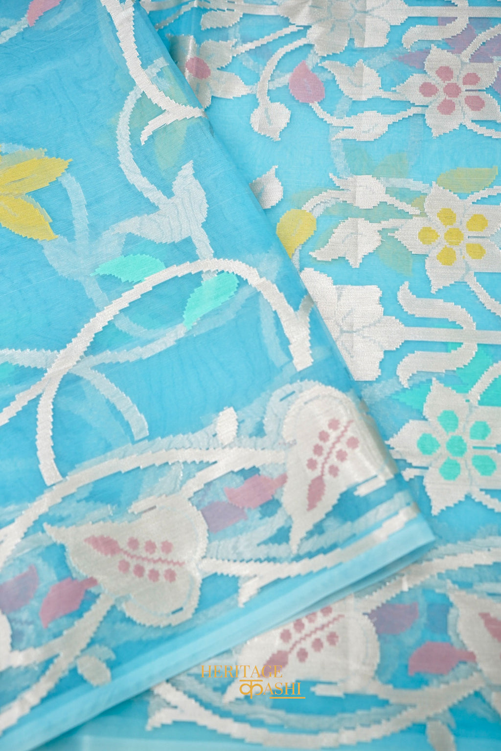 Sky Blue Kora Silk Dhakai Floral Weaving Banarasi Saree