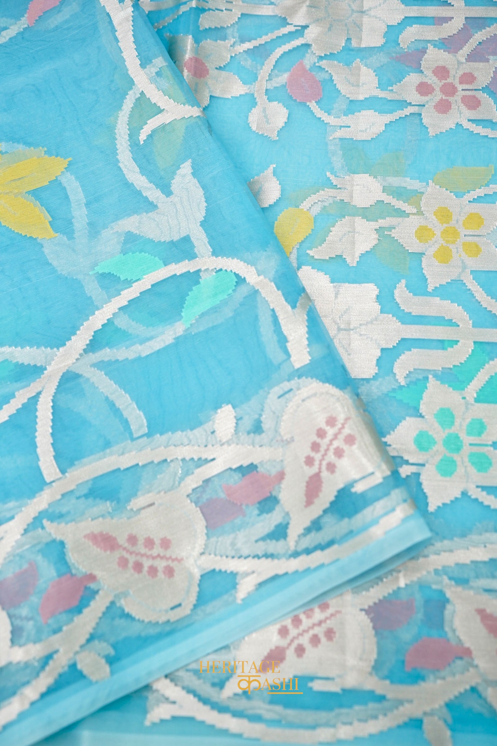 Sky Blue Kora Silk Dhakai Floral Weaving Banarasi Saree
