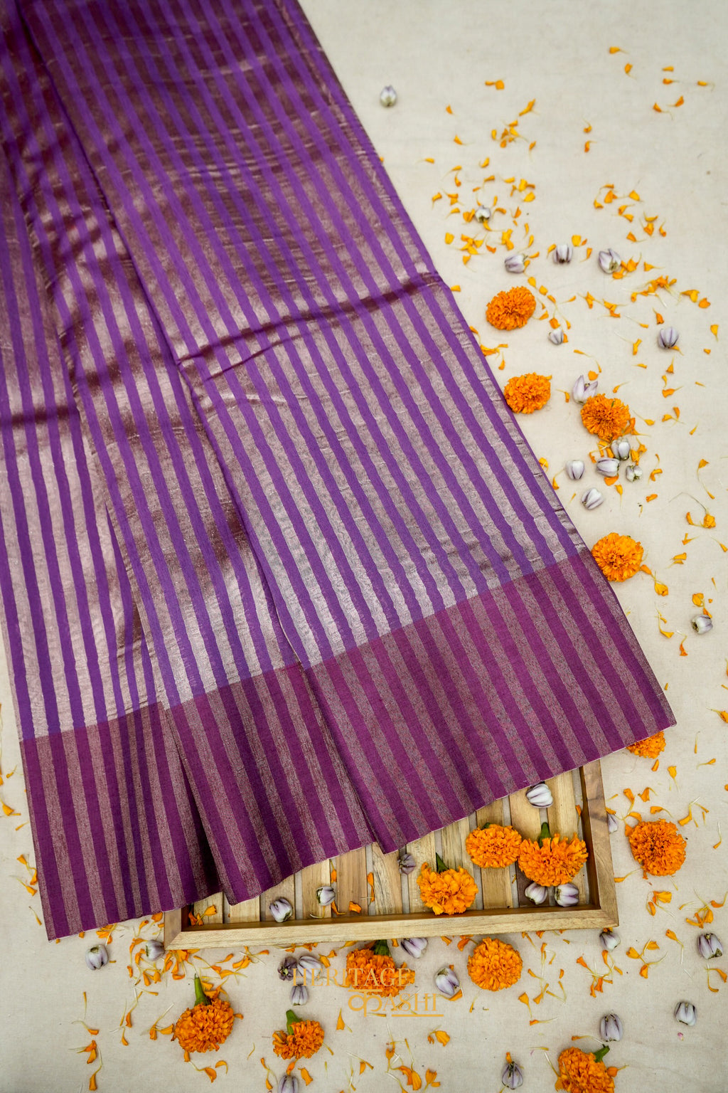 Purple Banarasi Silk Stripe Saree with Premium Satin Border