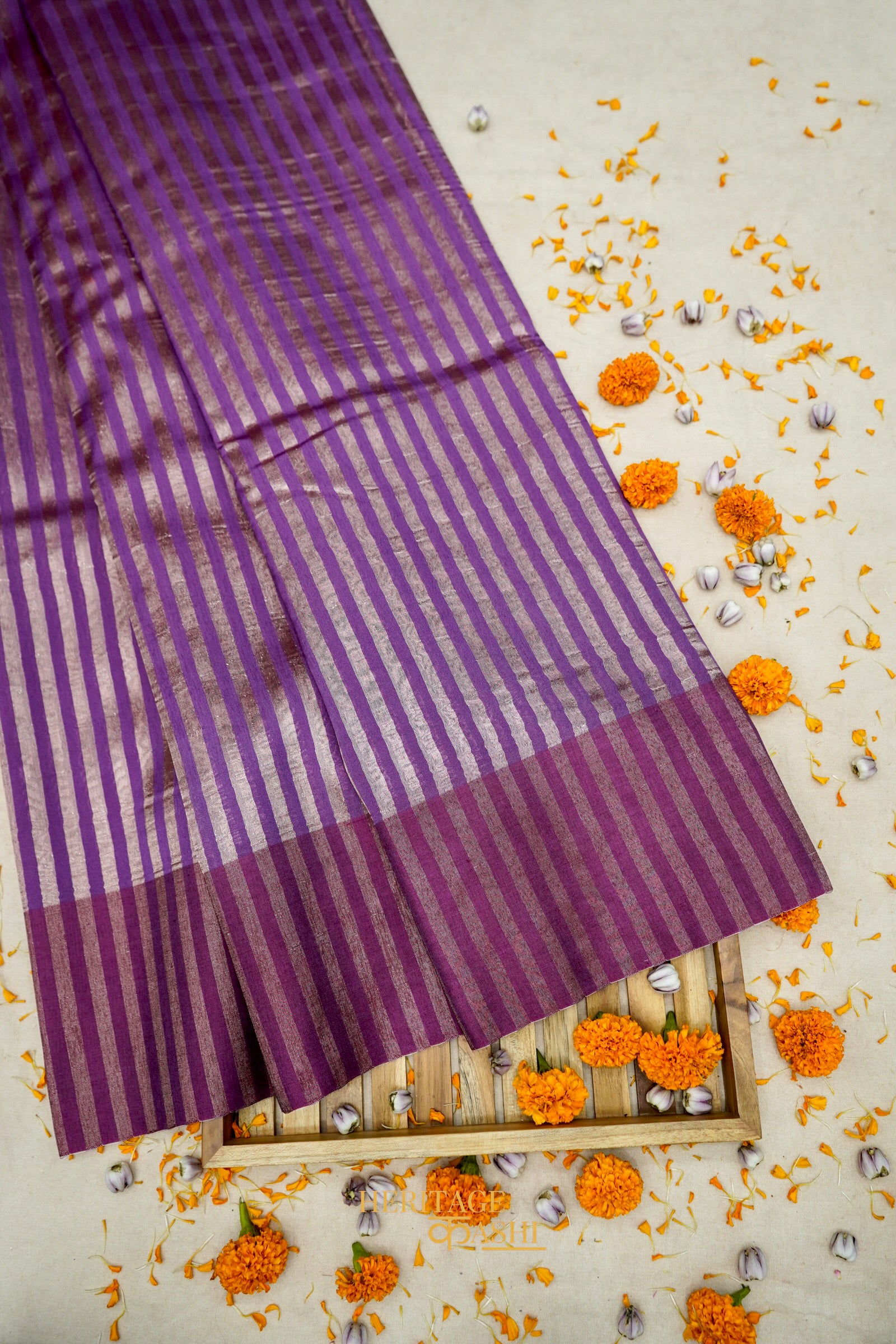 Purple Banarasi Silk Stripe Saree with Premium Satin Border