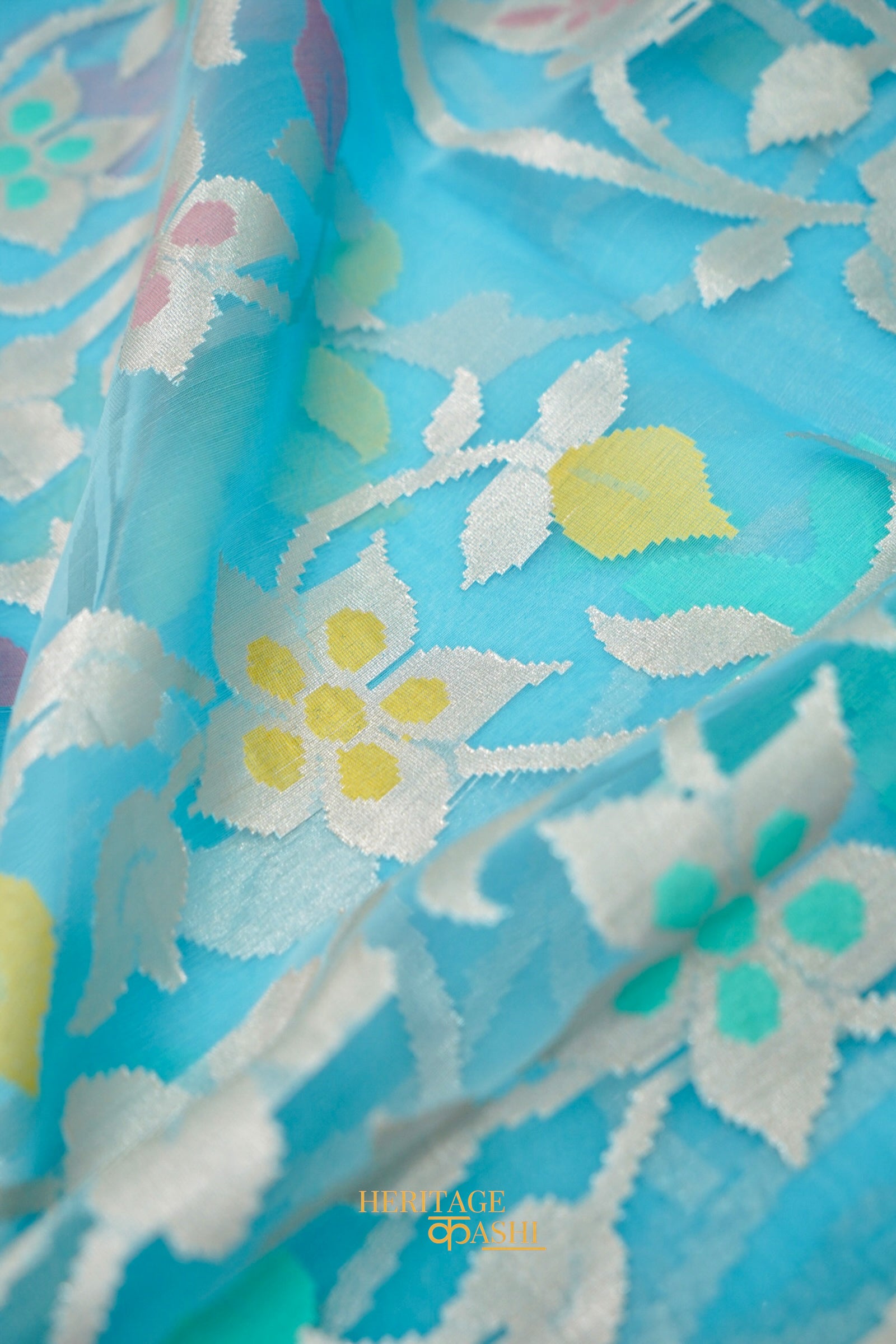Sky Blue Kora Silk Dhakai Floral Weaving Banarasi Saree