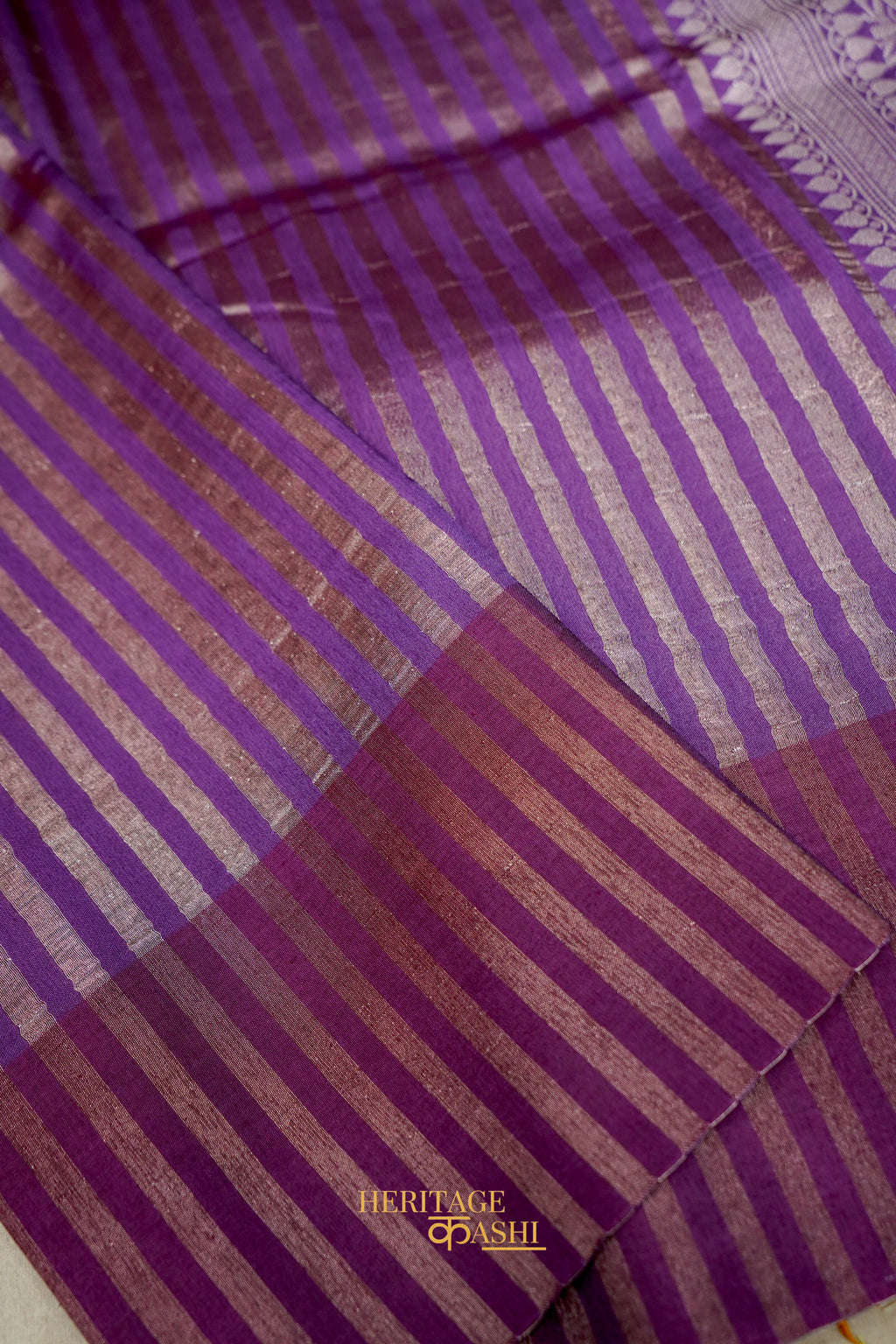 Purple Banarasi Silk Stripe Saree with Premium Satin Border
