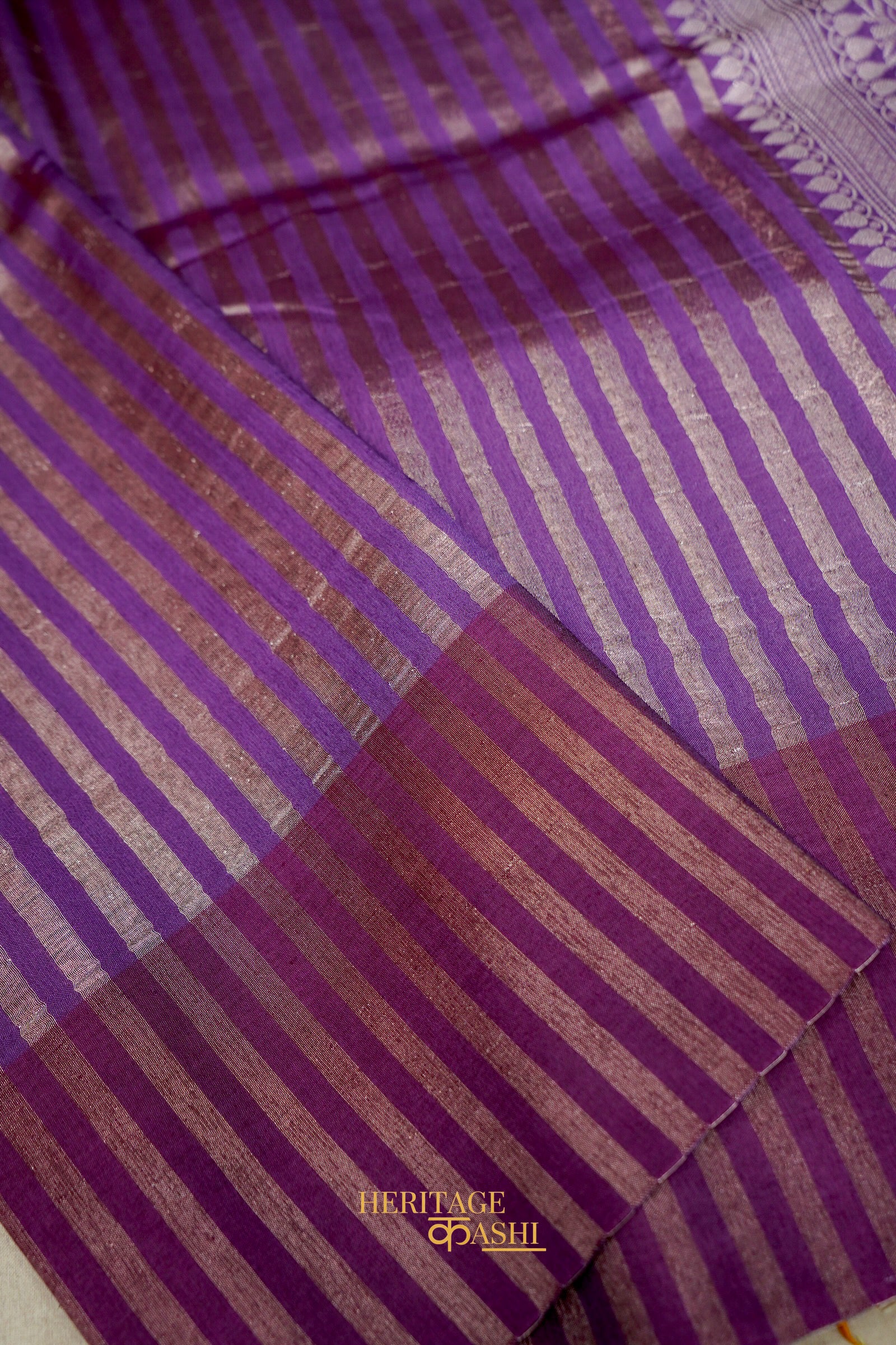 Purple Banarasi Silk Stripe Saree with Premium Satin Border