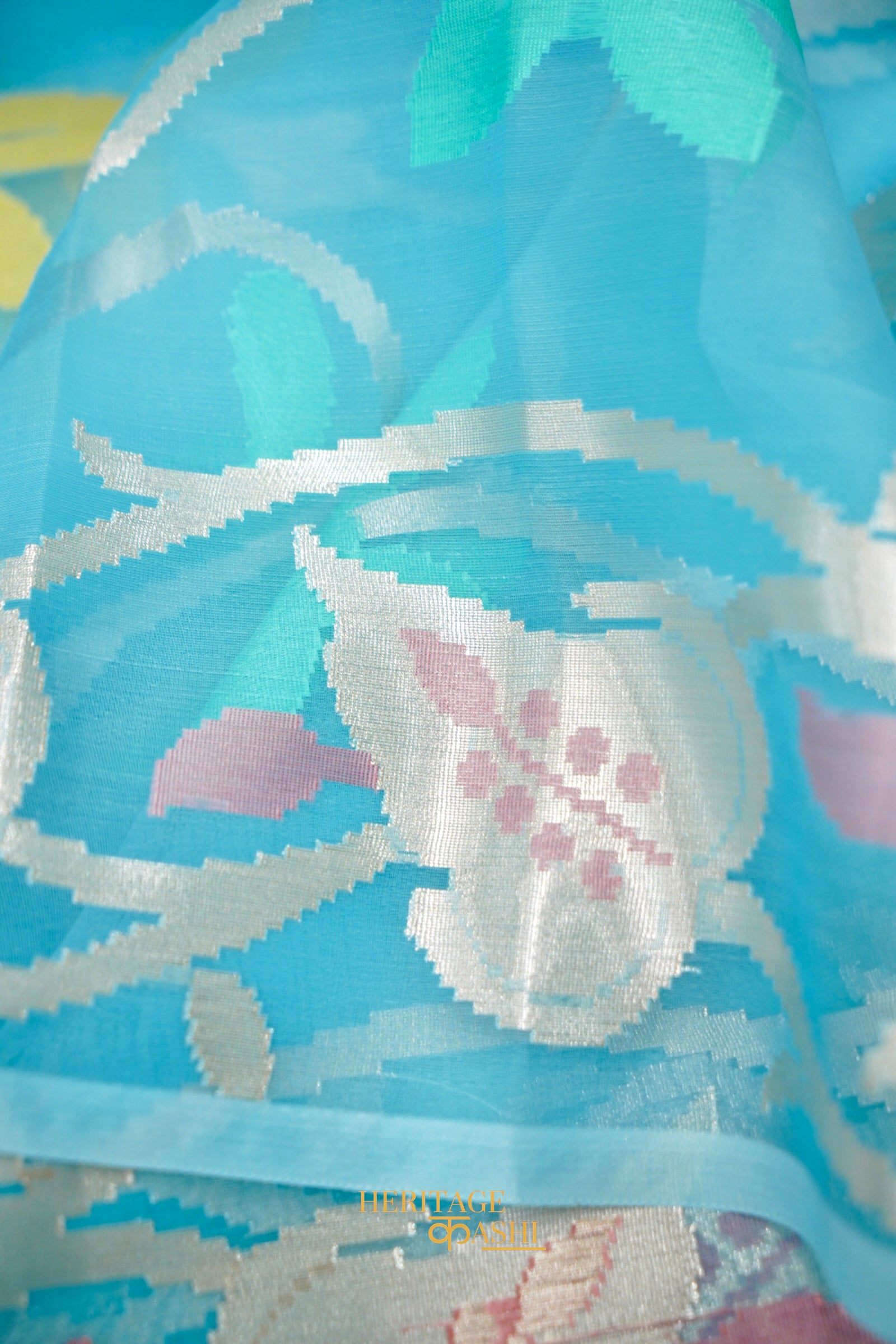 Sky Blue Kora Silk Dhakai Floral Weaving Banarasi Saree