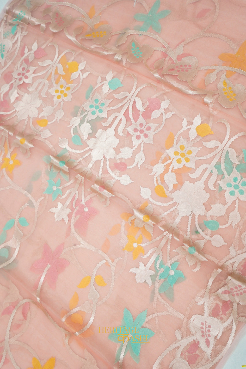 Peach Kora Silk Dhakai Floral Weaving Banarasi Saree