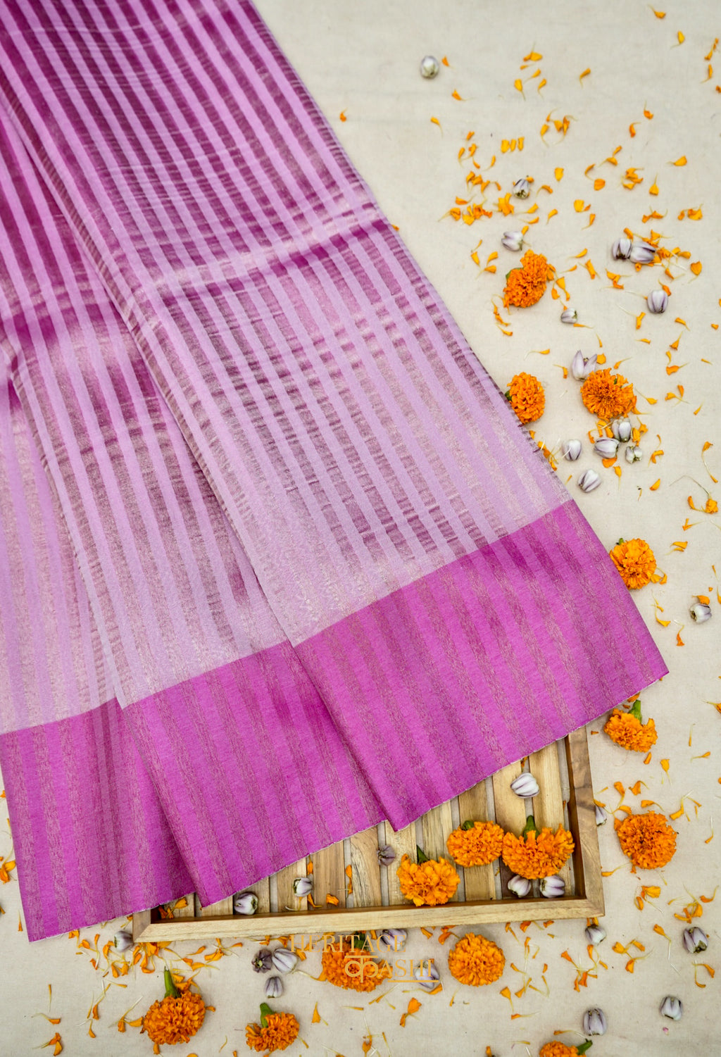 Baby Pink Banarasi Silk Stripe Saree with Premium Satin Border