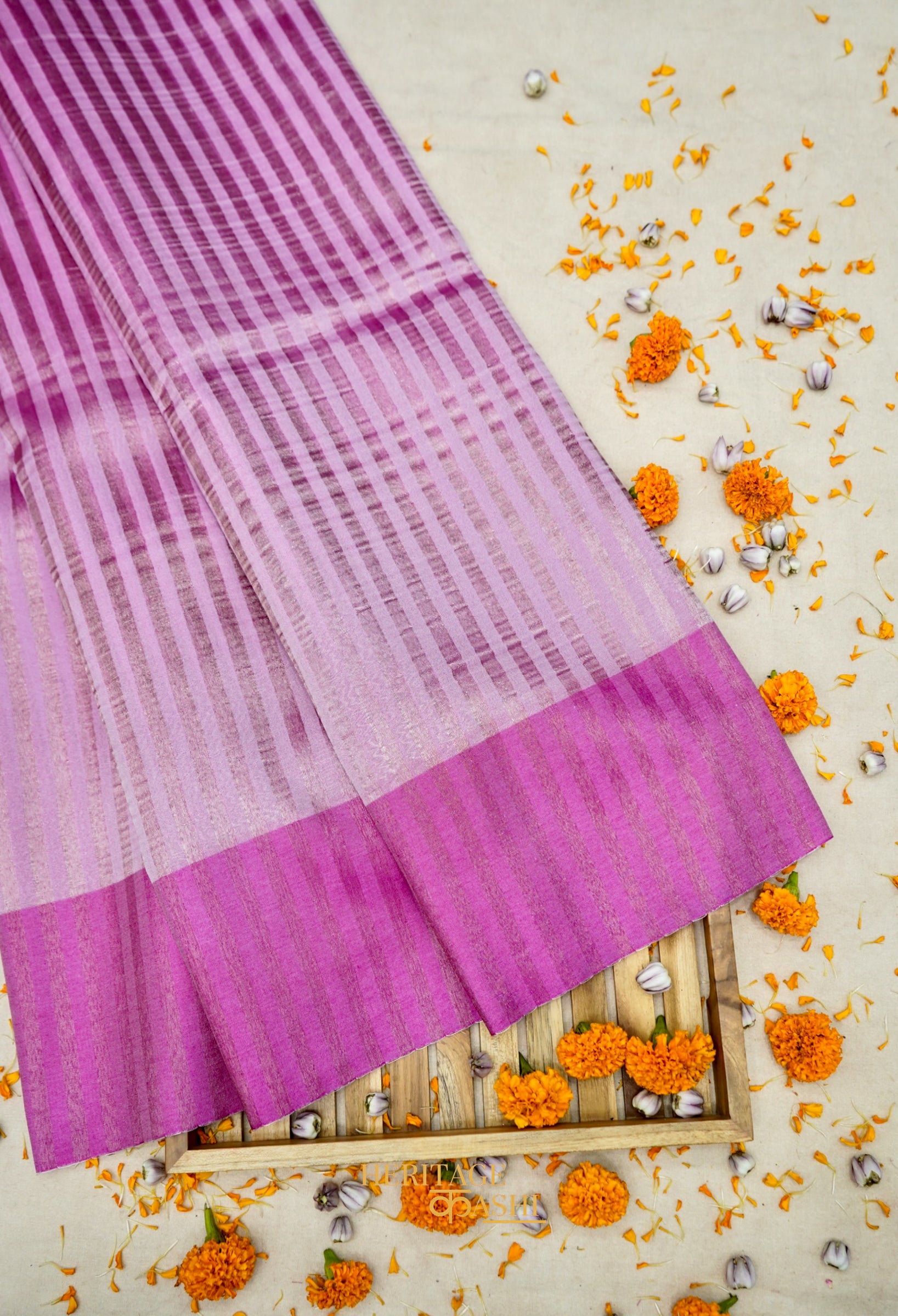 Baby Pink Banarasi Silk Stripe Saree with Premium Satin Border