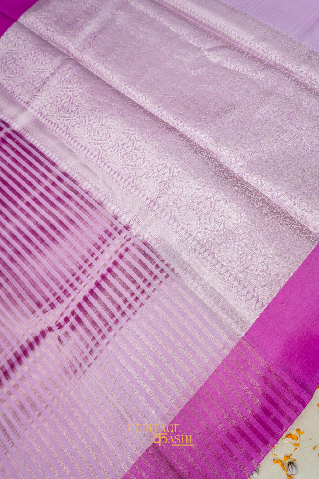 Baby Pink Banarasi Silk Stripe Saree with Premium Satin Border