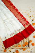 Off White Katan Saree with Rich Red Crown Zari Border