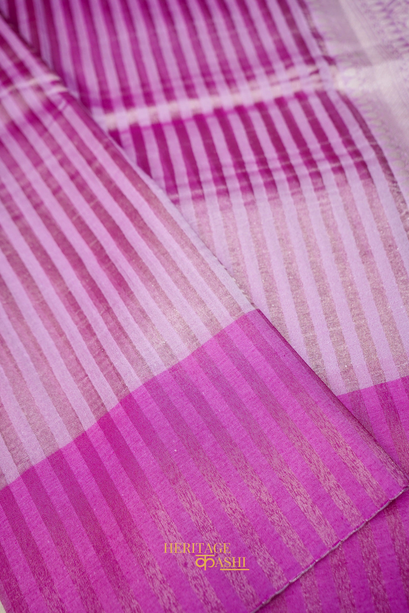 Baby Pink Banarasi Silk Stripe Saree with Premium Satin Border