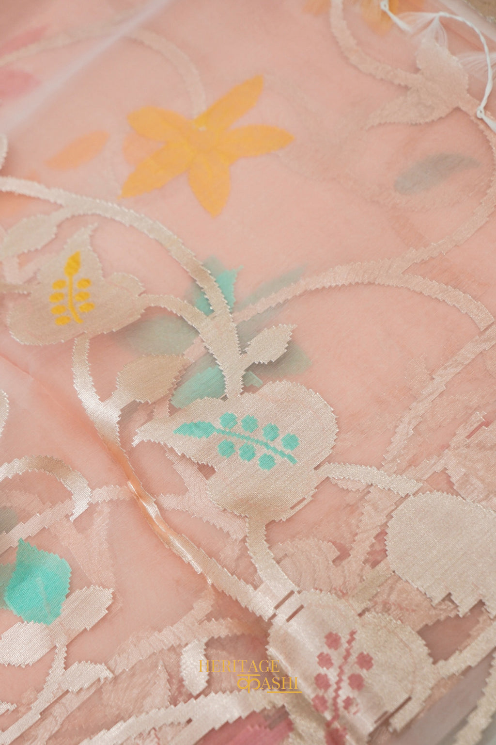 Peach Kora Silk Dhakai Floral Weaving Banarasi Saree