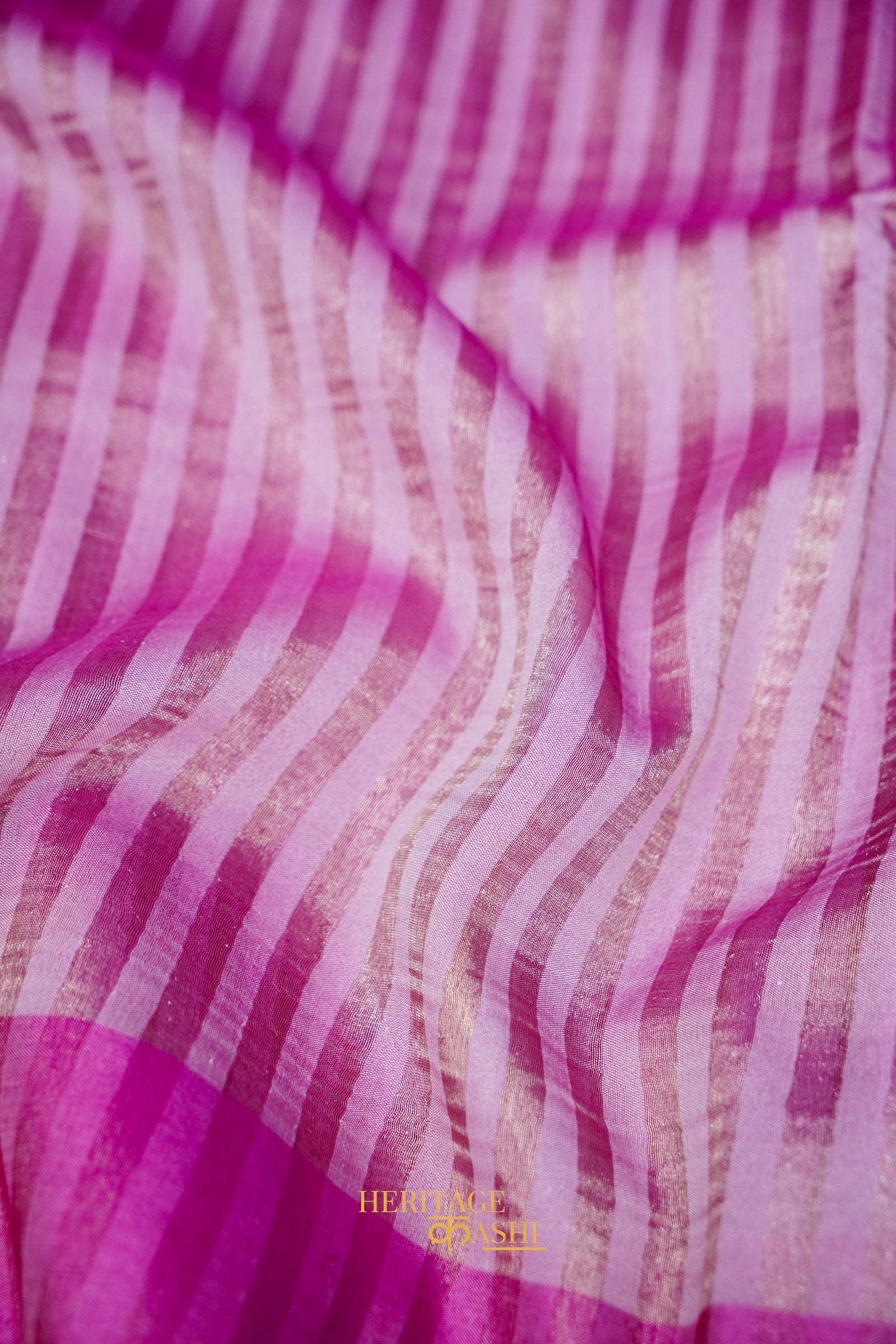 Baby Pink Banarasi Silk Stripe Saree with Premium Satin Border
