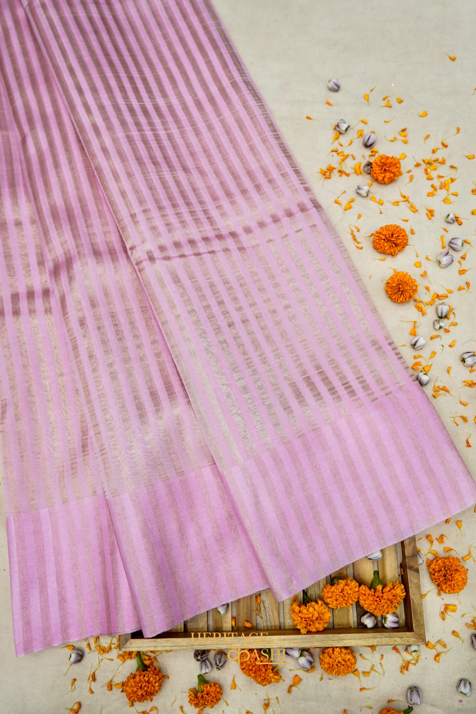 Light Pink Banarasi Silk Stripe Saree with Premium Satin Border