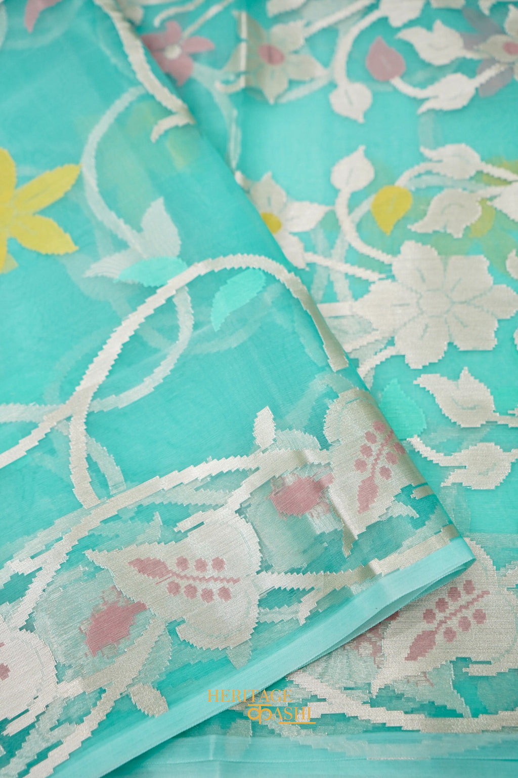 Aqua Green Kora Silk Dhakai Floral Weaving Banarasi Saree