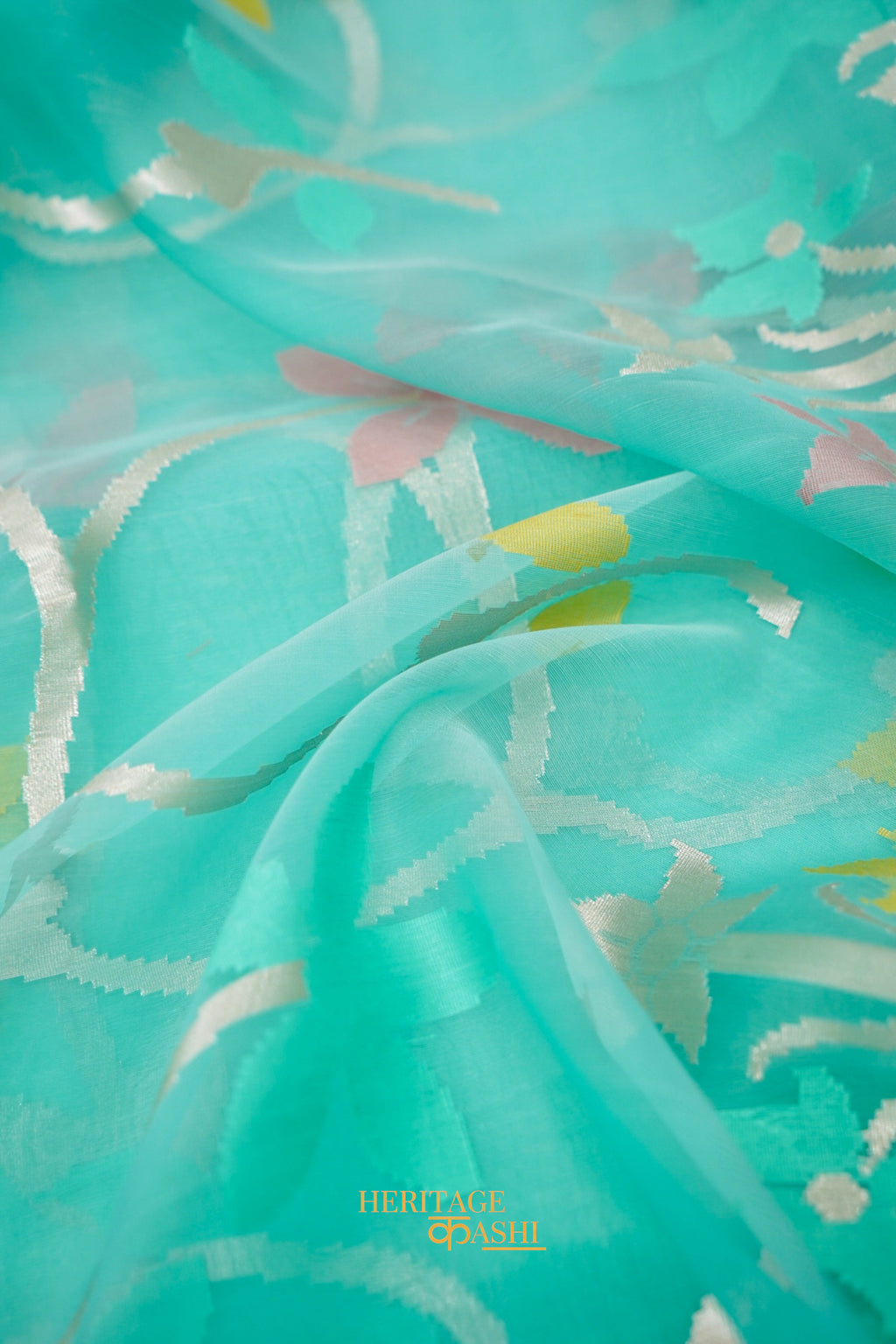 Aqua Green Kora Silk Dhakai Floral Weaving Banarasi Saree