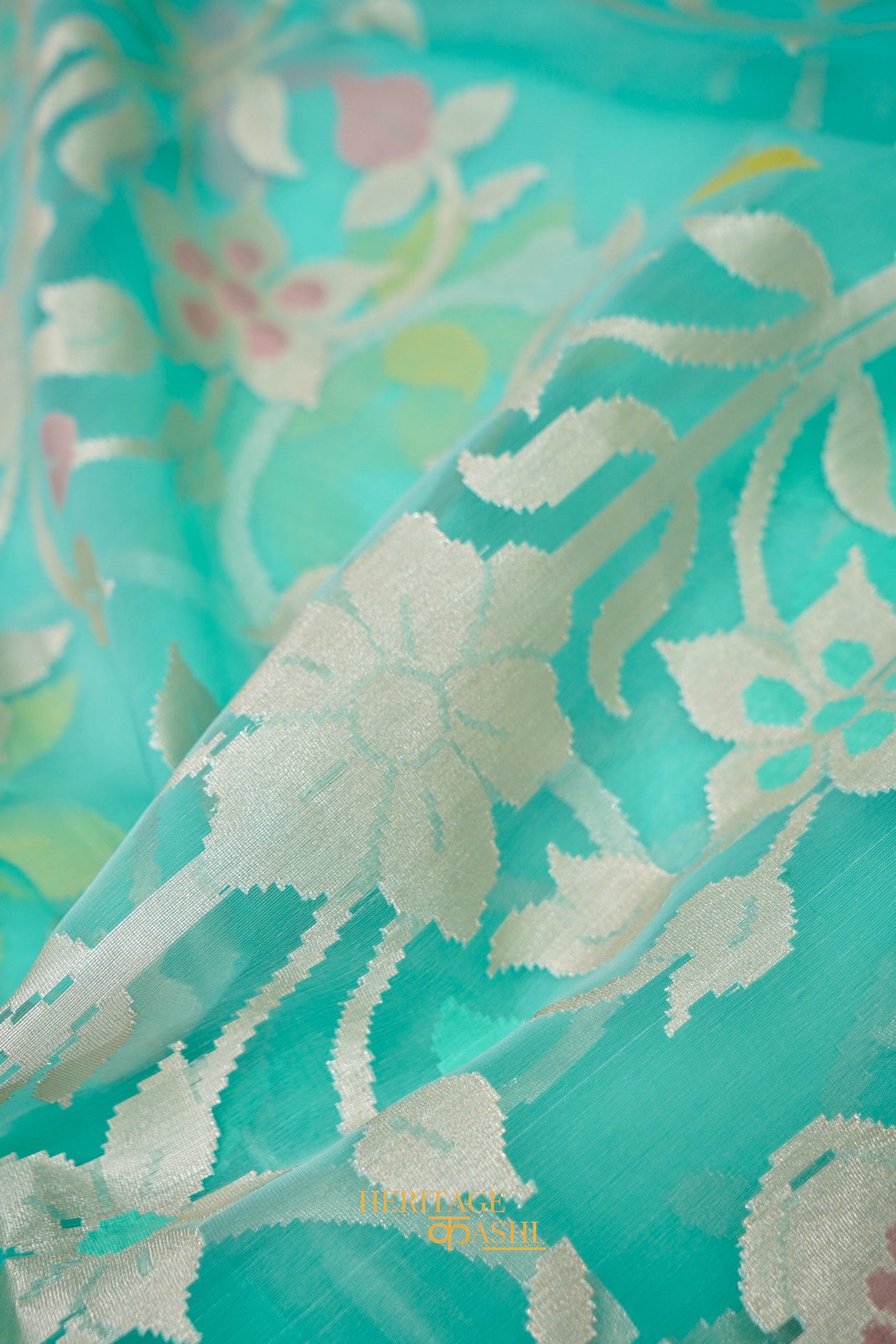 Aqua Green Kora Silk Dhakai Floral Weaving Banarasi Saree