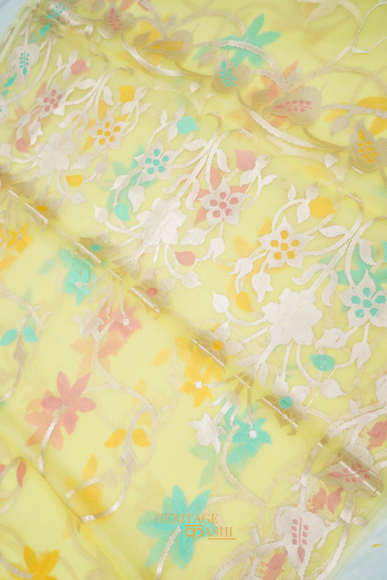 Lemon Yellow Kora Silk Dhakai Floral Weaving Banarasi Saree