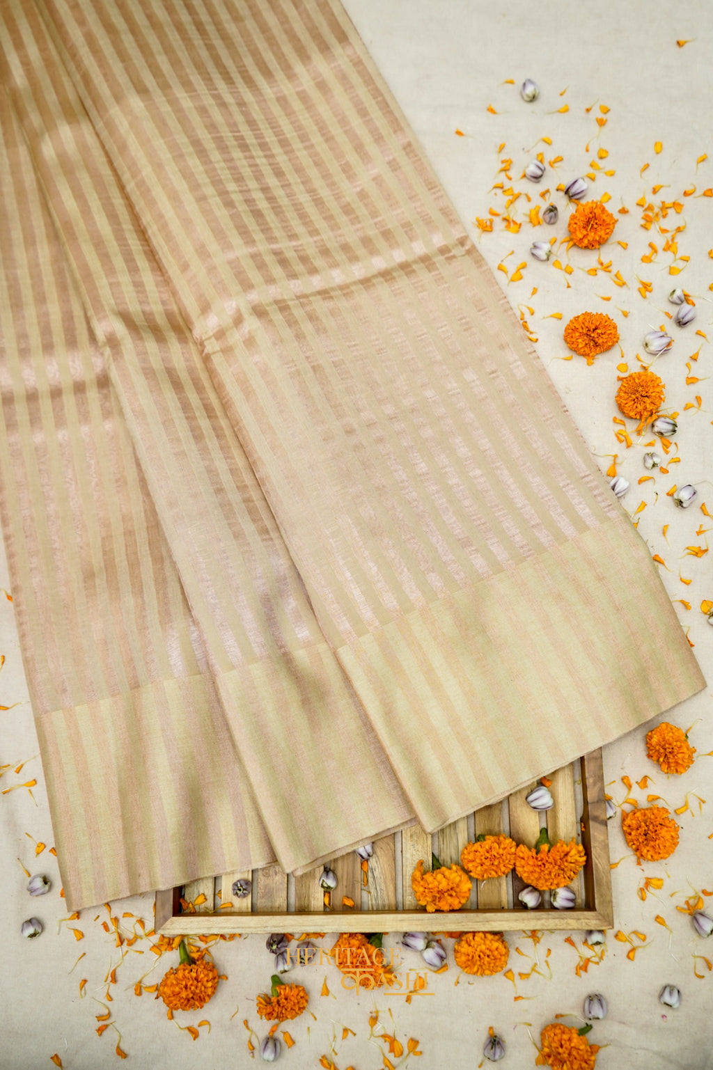 Cream Banarasi Silk Stripe Saree with Premium Satin Border