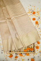 Cream Banarasi Silk Stripe Saree with Premium Satin Border