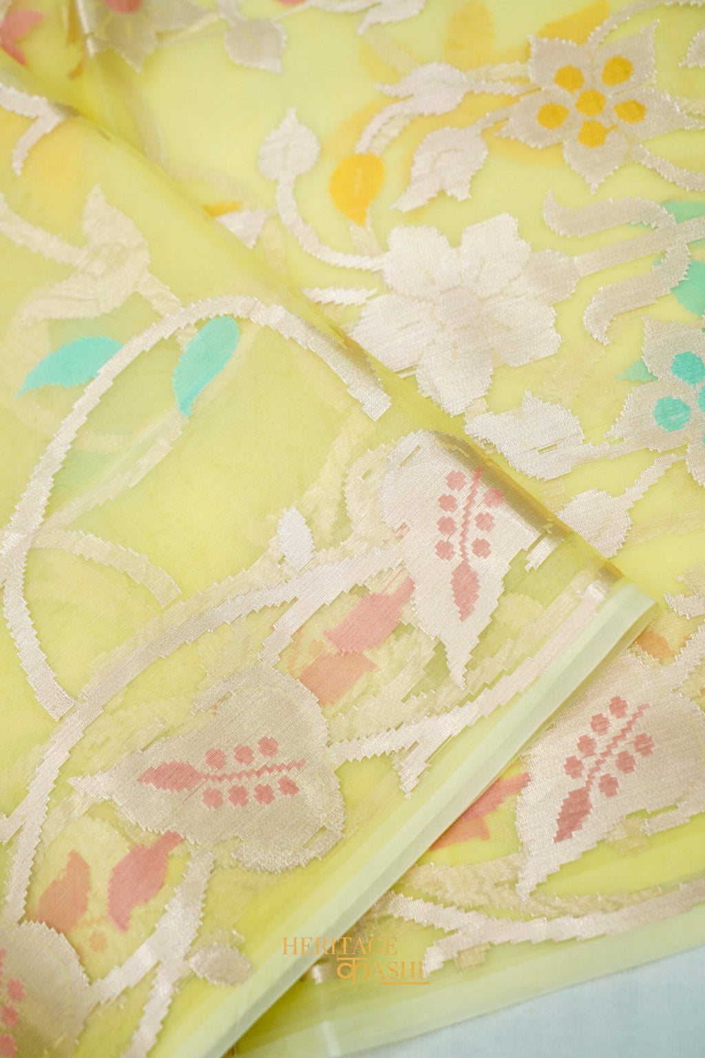 Lemon Yellow Kora Silk Dhakai Floral Weaving Banarasi Saree