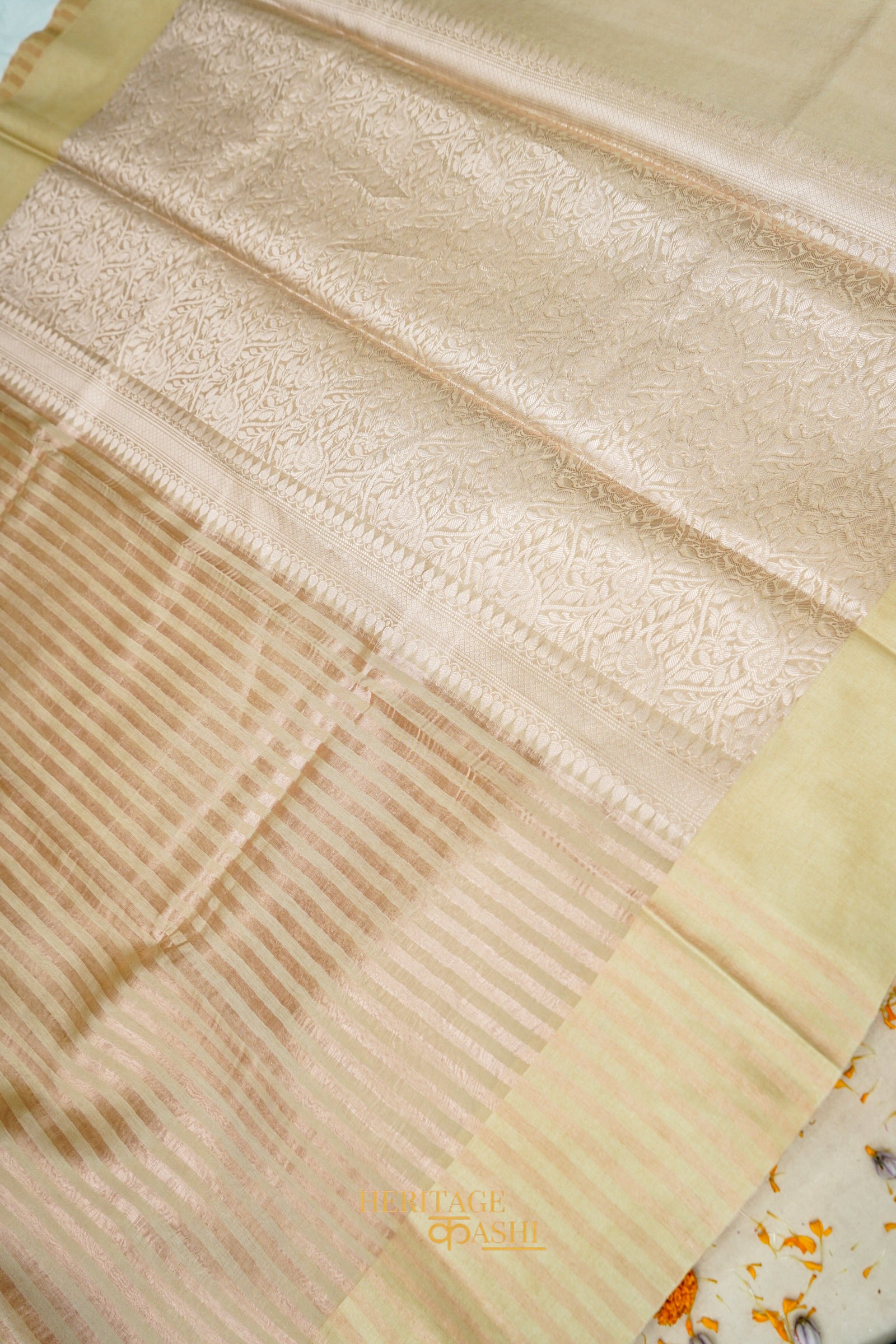 Cream Banarasi Silk Stripe Saree with Premium Satin Border