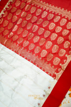 Off White Katan Saree with Rich Red Crown Zari Border