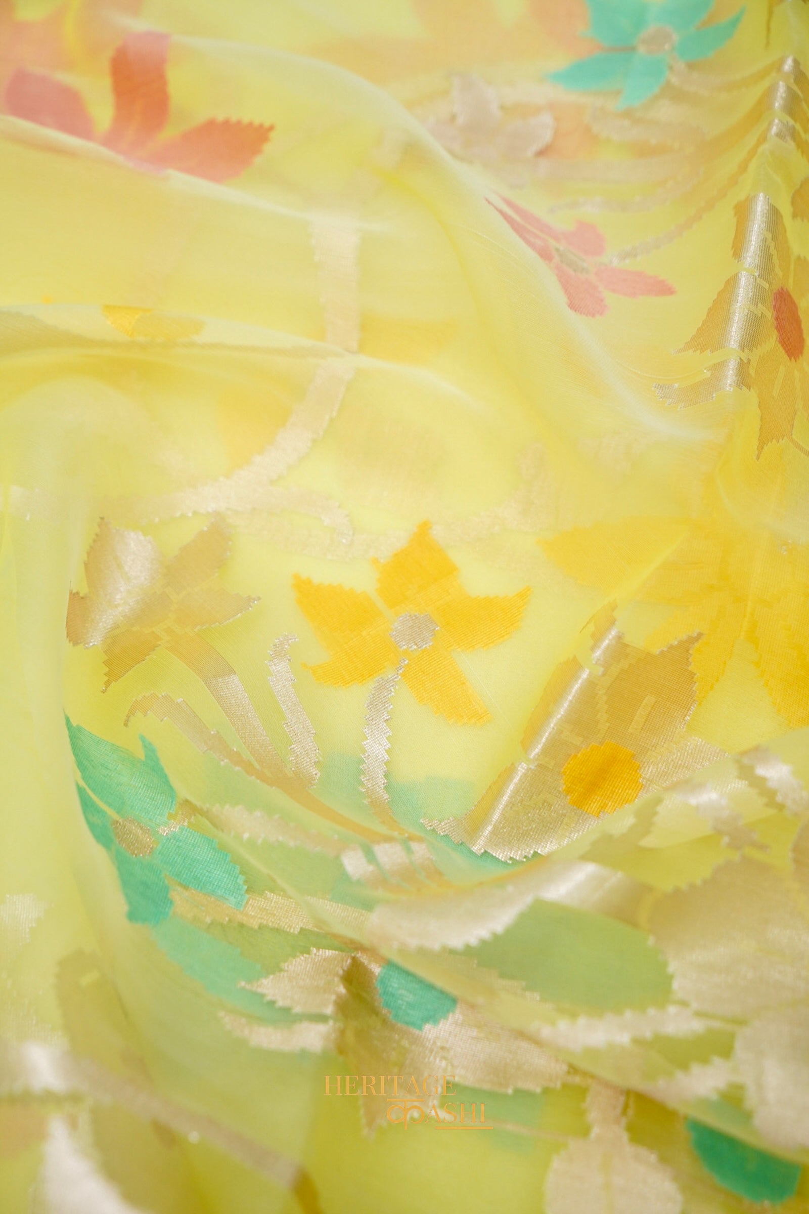 Lemon Yellow Kora Silk Dhakai Floral Weaving Banarasi Saree