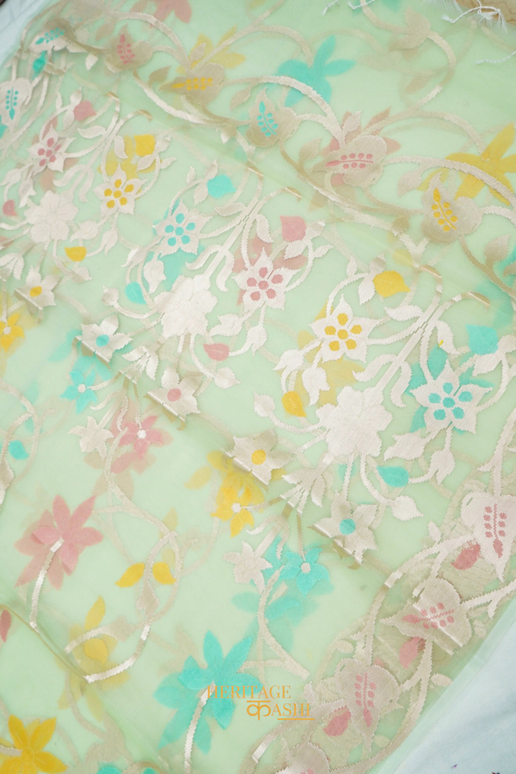 Mint Green Kora Silk Dhakai Floral Weaving Banarasi Saree
